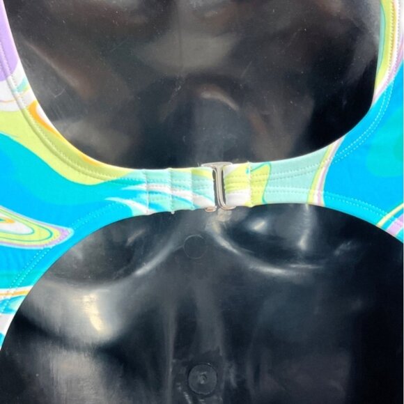 Ninety-Nine Blue Multicolor pattern Ruched Front Cutout One-Piece Swimsuit Sz L - Picture 4 of 8